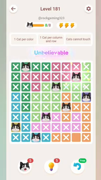 Meowdoku Level 181 step 8 screenshot showing the cat placement at G2 with 8 of 8 cats visible on the board.