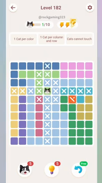 Meowdoku Level 182 step 1 screenshot showing the cat placement at E4 with 1 of 10 cats visible on the board.