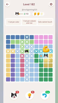 Meowdoku Level 182 step 2 screenshot showing the cat placement at I5 with 2 of 10 cats visible on the board.