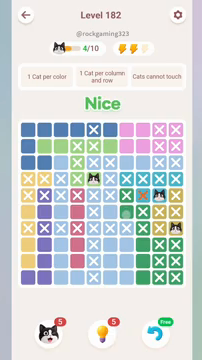 Meowdoku Level 182 step 3 screenshot showing the cat placement at J7 with 3 of 10 cats visible on the board.