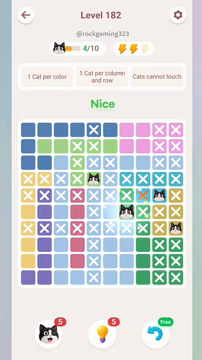 Meowdoku Level 182 step 4 screenshot showing the cat placement at G6 with 4 of 10 cats visible on the board.