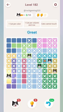 Meowdoku Level 182 step 5 screenshot showing the cat placement at A8 with 5 of 10 cats visible on the board.