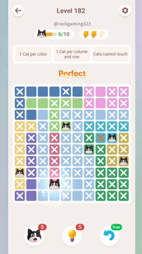 Meowdoku Level 182 step 6 screenshot showing the cat placement at D9 with 6 of 10 cats visible on the board.