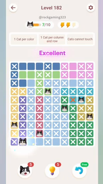 Meowdoku Level 182 step 7 screenshot showing the cat placement at B10 with 7 of 10 cats visible on the board.