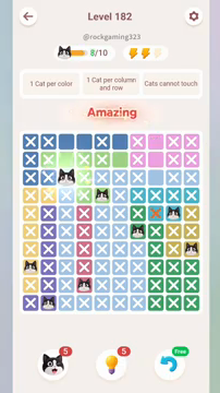 Meowdoku Level 182 step 8 screenshot showing the cat placement at C3 with 8 of 10 cats visible on the board.