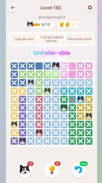 Meowdoku Level 182 step 9 screenshot showing the cat placement at F1 with 9 of 10 cats visible on the board.