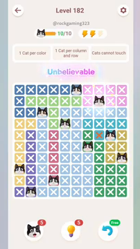 Meowdoku Level 182 step 10 screenshot showing the cat placement at H2 with 10 of 10 cats visible on the board.