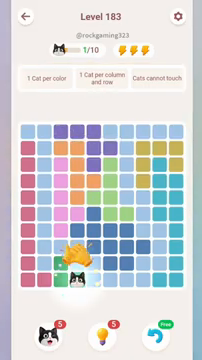 Meowdoku Level 183 step 1 screenshot showing the cat placement at D10 with 1 of 10 cats visible on the board.