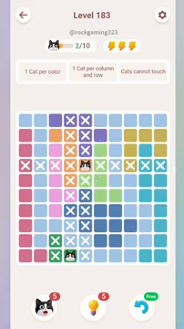 Meowdoku Level 183 step 2 screenshot showing the cat placement at E4 with 2 of 10 cats visible on the board.