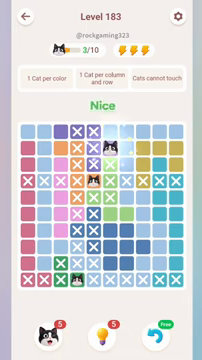Meowdoku Level 183 step 3 screenshot showing the cat placement at F2 with 3 of 10 cats visible on the board.