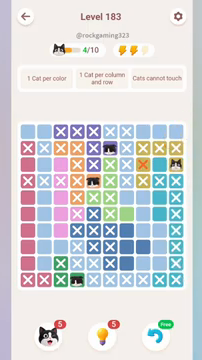 Meowdoku Level 183 step 4 screenshot showing the cat placement at J3 with 4 of 10 cats visible on the board.