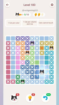 Meowdoku Level 183 step 5 screenshot showing the cat placement at H8 with 5 of 10 cats visible on the board.