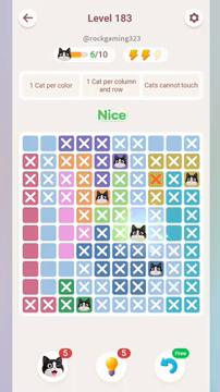 Meowdoku Level 183 step 6 screenshot showing the cat placement at G6 with 6 of 10 cats visible on the board.