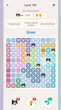 Meowdoku Level 183 step 7 screenshot showing the cat placement at I5 with 7 of 10 cats visible on the board.