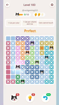 Meowdoku Level 183 step 8 screenshot showing the cat placement at C7 with 8 of 10 cats visible on the board.