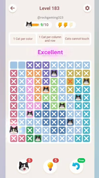 Meowdoku Level 183 step 9 screenshot showing the cat placement at A9 with 9 of 10 cats visible on the board.