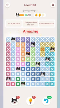 Meowdoku Level 183 step 10 screenshot showing the cat placement at B1 with 10 of 10 cats visible on the board.