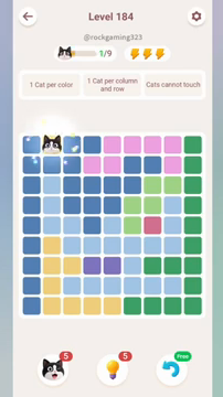 Meowdoku Level 184 step 1 screenshot showing the cat placement at B1 with 1 of 9 cats visible on the board.