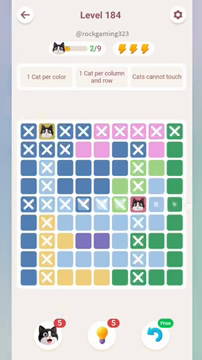 Meowdoku Level 184 step 2 screenshot showing the cat placement at G5 with 2 of 9 cats visible on the board.