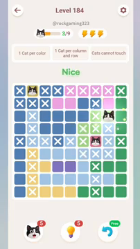 Meowdoku Level 184 step 3 screenshot showing the cat placement at H3 with 3 of 9 cats visible on the board.
