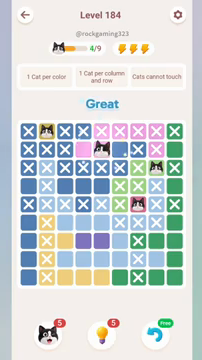 Meowdoku Level 184 step 4 screenshot showing the cat placement at E2 with 4 of 9 cats visible on the board.