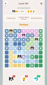 Meowdoku Level 184 step 5 screenshot showing the cat placement at D7 with 5 of 9 cats visible on the board.