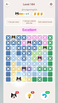 Meowdoku Level 184 step 6 screenshot showing the cat placement at C9 with 6 of 9 cats visible on the board.