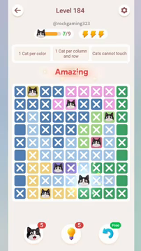 Meowdoku Level 184 step 7 screenshot showing the cat placement at F8 with 7 of 9 cats visible on the board.