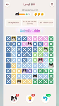Meowdoku Level 184 step 8 screenshot showing the cat placement at I6 with 8 of 9 cats visible on the board.