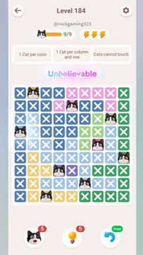 Meowdoku Level 184 step 9 screenshot showing the cat placement at A4 with 9 of 9 cats visible on the board.