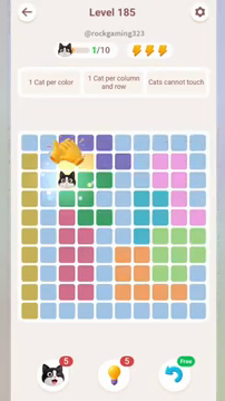 Meowdoku Level 185 step 1 screenshot showing the cat placement at C3 with 1 of 10 cats visible on the board.