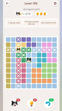 Meowdoku Level 185 step 2 screenshot showing the cat placement at E5 with 2 of 10 cats visible on the board.