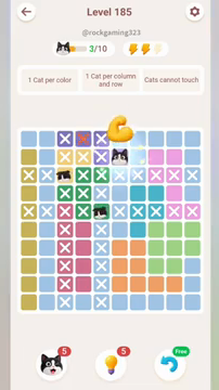 Meowdoku Level 185 step 3 screenshot showing the cat placement at F2 with 3 of 10 cats visible on the board.