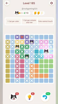 Meowdoku Level 185 step 4 screenshot showing the cat placement at I4 with 4 of 10 cats visible on the board.