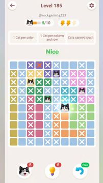 Meowdoku Level 185 step 5 screenshot showing the cat placement at G6 with 5 of 10 cats visible on the board.