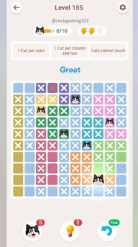 Meowdoku Level 185 step 6 screenshot showing the cat placement at H9 with 6 of 10 cats visible on the board.