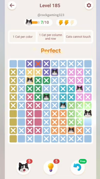 Meowdoku Level 185 step 7 screenshot showing the cat placement at J7 with 7 of 10 cats visible on the board.