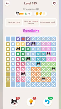 Meowdoku Level 185 step 8 screenshot showing the cat placement at D8 with 8 of 10 cats visible on the board.