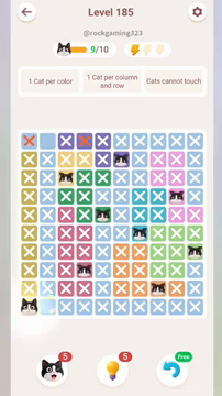 Meowdoku Level 185 step 9 screenshot showing the cat placement at A10 with 9 of 10 cats visible on the board.