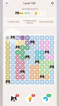 Meowdoku Level 185 step 10 screenshot showing the cat placement at B1 with 10 of 10 cats visible on the board.