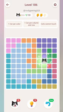 Meowdoku Level 186 step 1 screenshot showing the cat placement at H5 with 1 of 10 cats visible on the board.