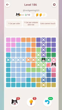 Meowdoku Level 186 step 2 screenshot showing the cat placement at J6 with 2 of 10 cats visible on the board.