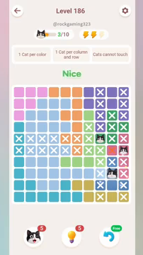 Meowdoku Level 186 step 3 screenshot showing the cat placement at I8 with 3 of 10 cats visible on the board.