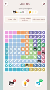 Meowdoku Level 186 step 4 screenshot showing the cat placement at F9 with 4 of 10 cats visible on the board.