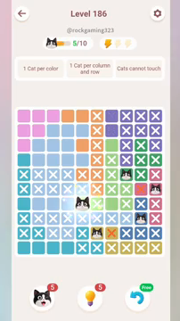 Meowdoku Level 186 step 5 screenshot showing the cat placement at E7 with 5 of 10 cats visible on the board.