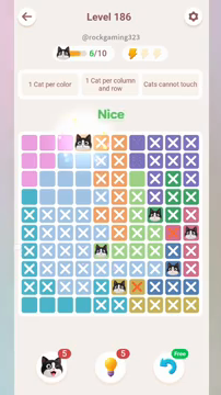 Meowdoku Level 186 step 6 screenshot showing the cat placement at D1 with 6 of 10 cats visible on the board.