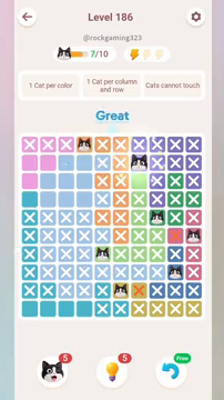 Meowdoku Level 186 step 7 screenshot showing the cat placement at G2 with 7 of 10 cats visible on the board.