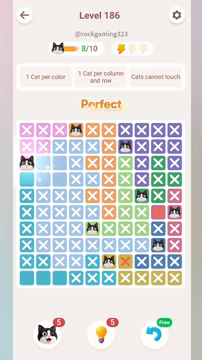 Meowdoku Level 186 step 8 screenshot showing the cat placement at A3 with 8 of 10 cats visible on the board.