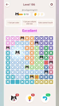 Meowdoku Level 186 step 9 screenshot showing the cat placement at C4 with 9 of 10 cats visible on the board.