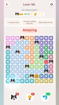 Meowdoku Level 186 step 10 screenshot showing the cat placement at B10 with 10 of 10 cats visible on the board.